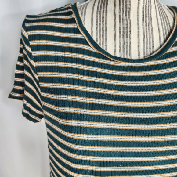 American Eagle Green Orange White Striped Short Sleeve Tie Front Hem Top Medium - Picture 2 of 9